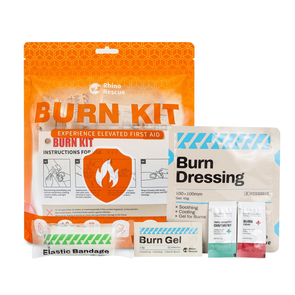 RHINO RESCUE Burn Kit, 4pcs Burn Dressings 4x4, 8pcs Burn Gel Packets 3,5g, 4pcs Burn Pads, Premiers soins Refroidissement Crème apaisante avec Bandage, Gants Nitrile, Ciseaux, Bande, HSA/FSA Admissible