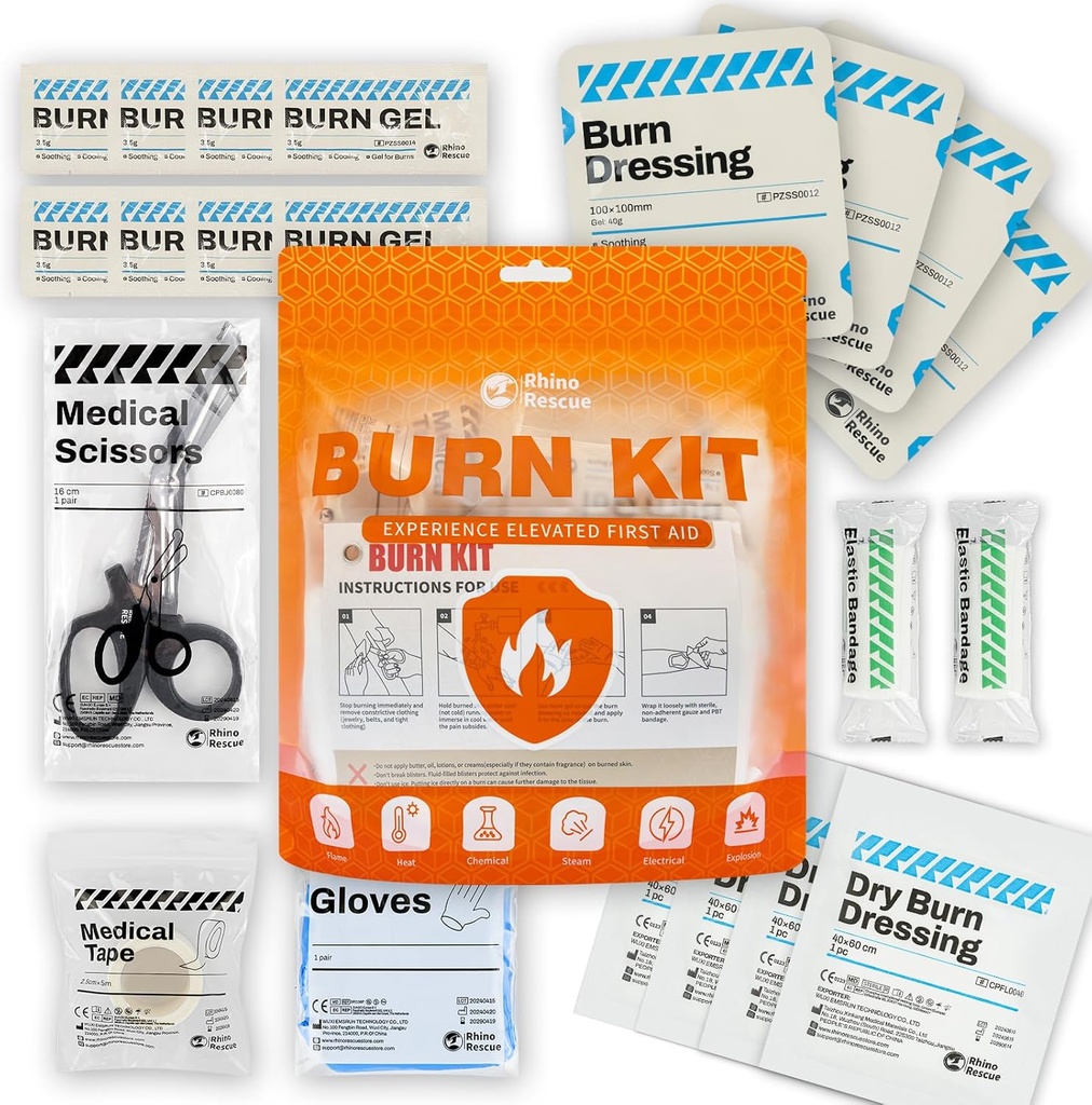 RHINO RESCUE Burn Kit, 4pcs Burn Dressings 4x4”, 8pcs Burn Gel Packets 3.5g, 4pcs Burn Pads, First Aid Kit Kühlen beruhigende Creme Relief mit Bandage, Nitrile Handschuhe, Scheren, Tape, HSA/FSA Eligible