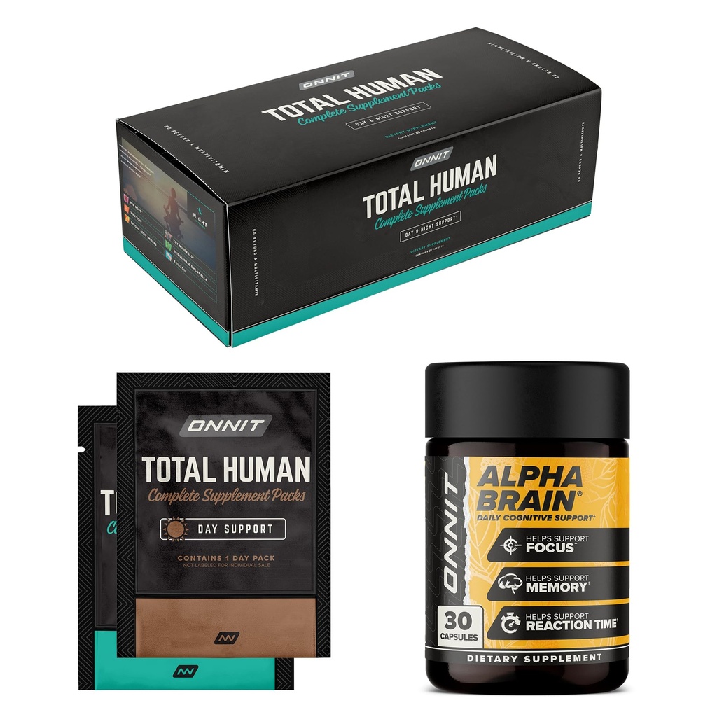 ONNIT Premium Alpha Brain Bundle - Nootropic Brain Supplement (30 Zähler) für Fokus, Konzentration & Gedächtnis + Gesamt Mensch Tag und Nacht Vitamin Packs für Männer und Frauen (30 Tage Versorgung)