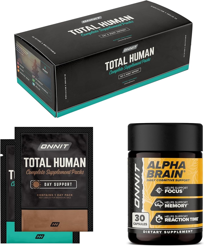 ONNIT Premium Alpha Brain Bundle - Nootropic Brain Supplement (30 Zähler) für Fokus, Konzentration & Gedächtnis + Gesamt Mensch Tag und Nacht Vitamin Packs für Männer und Frauen (30 Tage Versorgung)