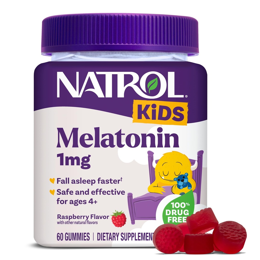 Natrol Kinder Melatonin Gummies 1mg, Kinder Melatonin für erholsamen Schlaf, 60 Himbeer-Geschmack Schlaf Gummies, 60 Tage Versorgung