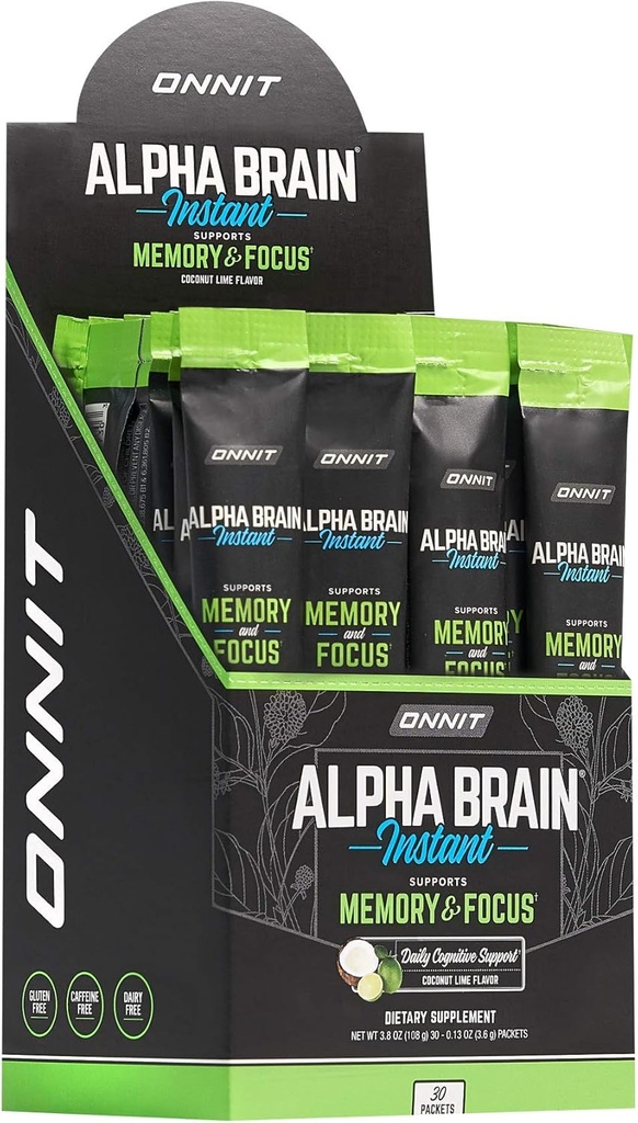 ONNIT Alpha Brain Instant - Coconut Lime Flavor - Nootropic Brain Booster Memory Supplement - Gehirnunterstützung für Fokus, Energie und Klarheit - Alpha GPC Choline, Katzenkralle, L-Theanine, Bacopa - 30ct