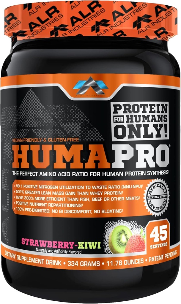 Humapro | Aminosäuren Protein Matrix für Menschen | 99% Verwendung für Lean Muscle | Vegan, Glutenfrei | 334g / 45 Servierungen (Strawberry Kiwi)