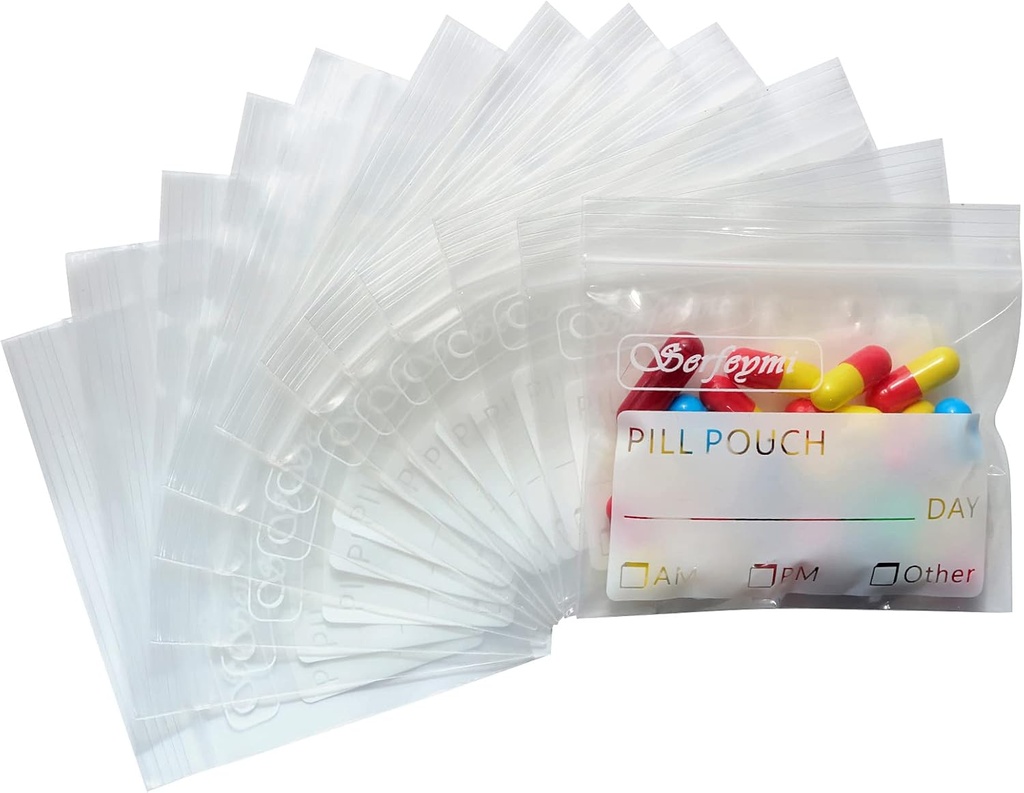 Sacs à pilules Serfeymi pour le voyage Pill Pouch Organizer Pack de 120 BPA Gratuit 3 x 2,75 pouces Pochettes à pilules réutilisables pour la médecine avec Écrire sur l'étiquette et fermeture éclair étanche AM PM Pill Baggies pour suppléments