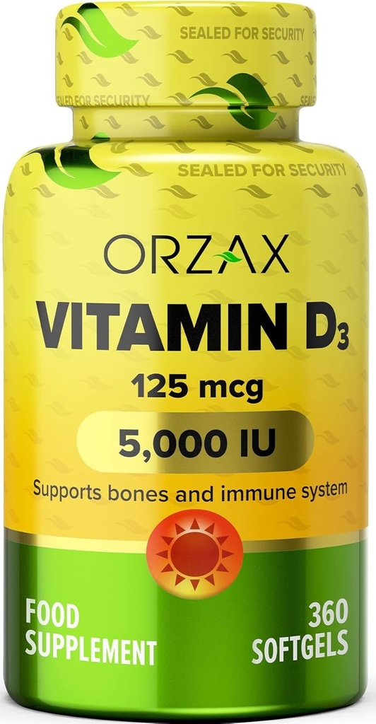 ORZAX Vitamin D3 5000 iu (125 mcg) – Non-GMO, Glutenfrei, Sugar Free, Dairy Free – 1 Jahr Versorgung mit starker Muskelfunktion und Immununterstützung – Stimmungsergänzung für Wellness (360 Softgel)