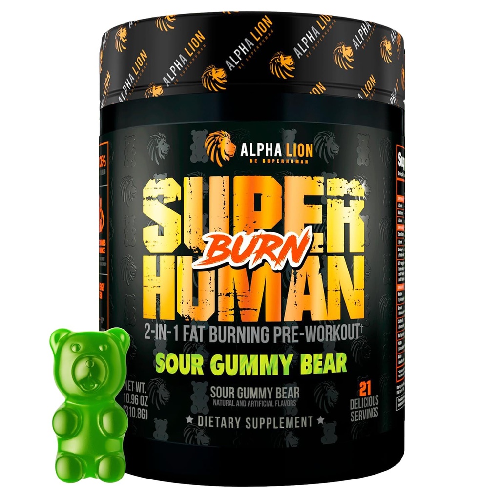 ALPHA LION Superhuman Burn – 2 in 1 Metabolismus Booster Pre Workout und Thermogenic Fat Burner für Männer – Appetite Suppressant und Weight Loss Supplement (21 Servierungen, Sour Gummy Bear)