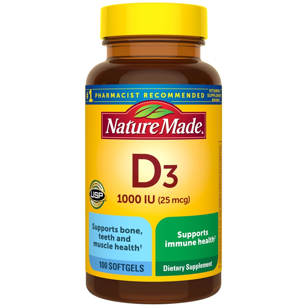 Vitamine D3 1000 UI (25 mcg), supplément vitamine D pour os, dents, muscles et immunitaires, 100 softgels, 100 jours d'approvisionnement