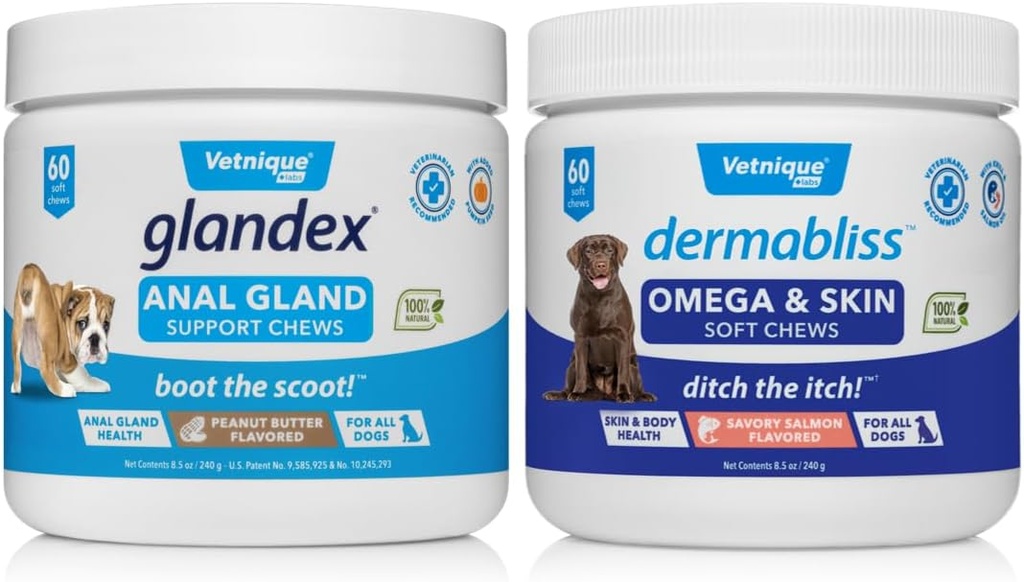 VETNIQUE Dermabliss Omega & Skin Supplement Chews für Hunde (60ct) & Glandex Anal Gland Support Peanut Butter Soft Chews für Hunde (60ct) Bundle