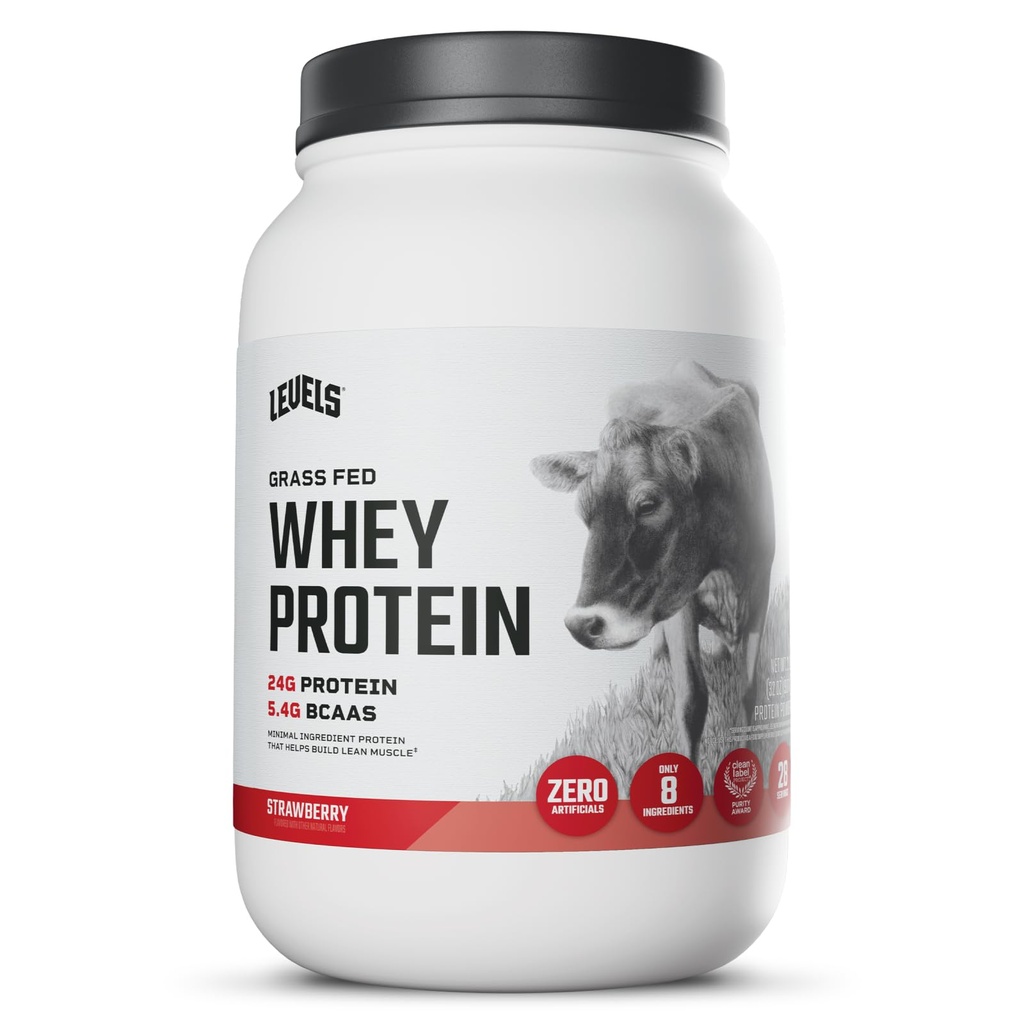 Levels Gras Fed Whey Protein Powder, No Artificials, 24G Protein, Erdbeere, 2LB