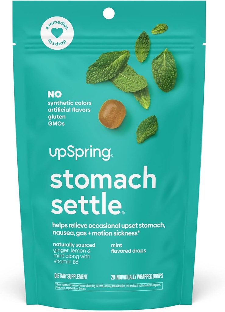 UpSpring Stomach Settle Drops für Occasional Nausea Relief/Upset Stomach mit Ginger, Lemon, Spearmint und B6. Mint Flavor Drops, 28 Ct (Packaging May Vary)