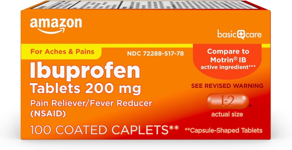 Amazon Basic Care Ibuprofen Comprimés, 200 mg, analgésique et réducteur de fièvre, pour l'arthrite, les dents, les maux de dos et plus, 100 Compte