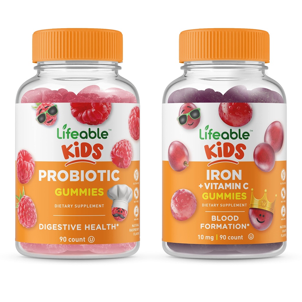 Lifeable Probiotic 2 Billion CFU Kinder + Eisen & Vitamin C Kinder, Gummi Bundle - Große Verkostung, Vitamin Supplement, Glutenfrei, GMO frei, Kaugummi