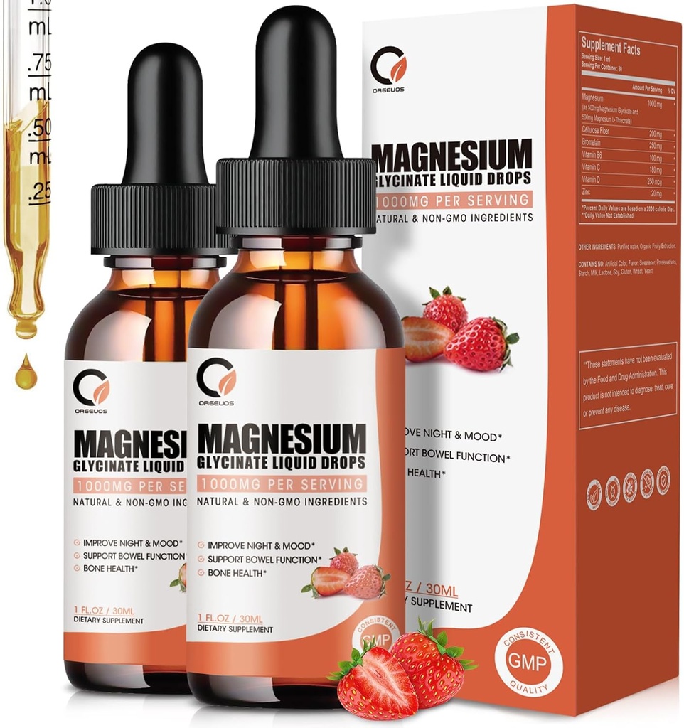 Magnesium Glycinat Flüssigkeitstropfen, 1000 mg flüssige Magnesiumergänzung mit Bromelain, Vitamin B6 C D, High Absorption Magnesium Complex für Nacht, Muskel & Energie Unterstützung, 1 Fl Oz (Pack von 2)