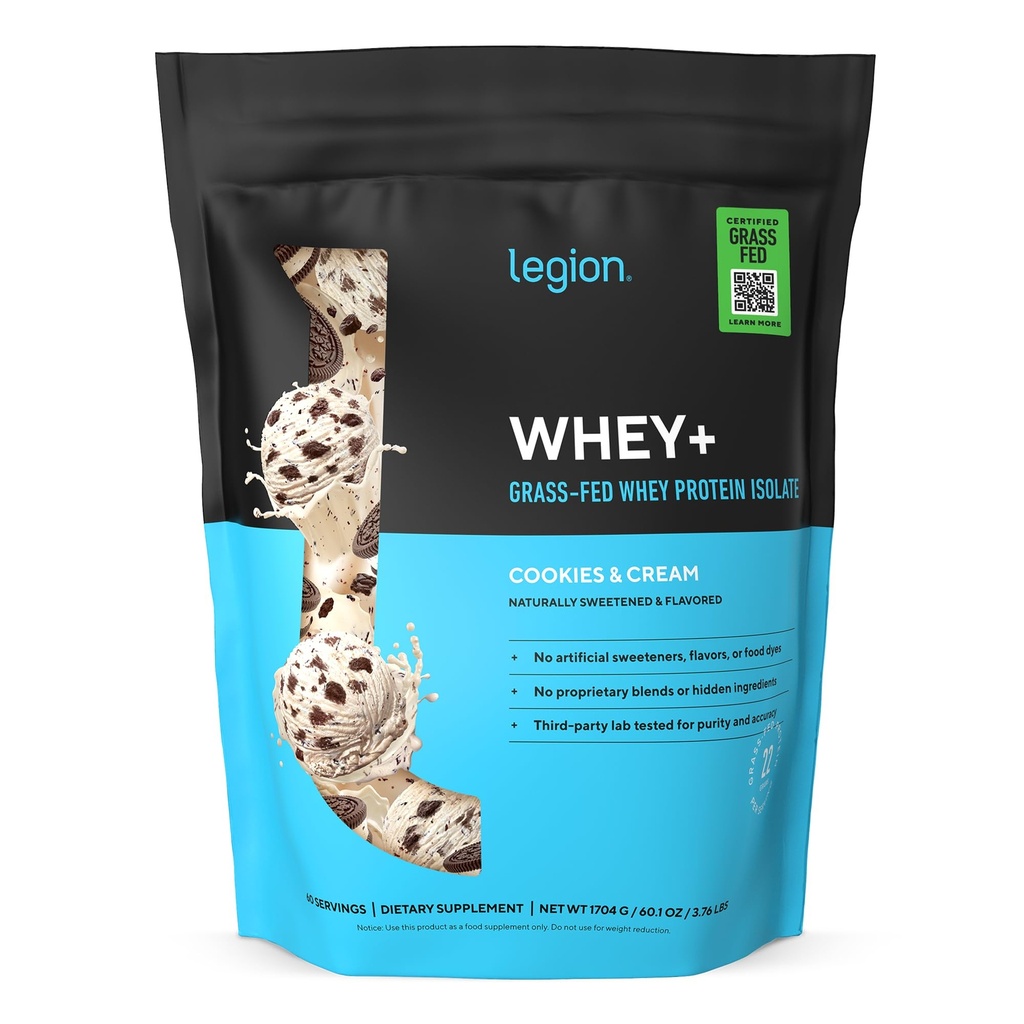 LEGION Whey+ Protein Whey Isolate from Grass Fed Cows (Cookies & Cream, 60 Servings) - Whey Protein Isolate Low Calorie, Non-GMO, Sugar Free, Lactose and Gluten Free, All Natural Protein Powder