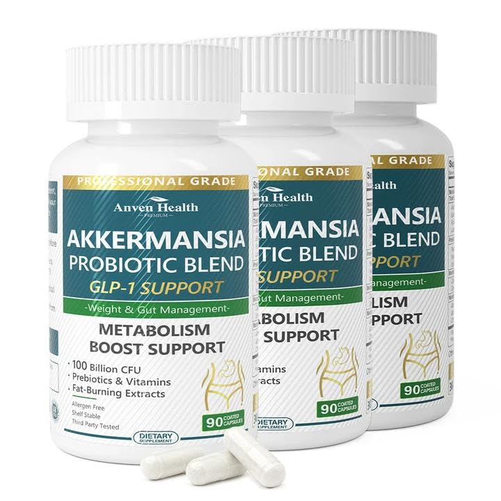 GLP-1 Supplement 100 Billion Akkermansia Probiotic & Prebiotic for Gut Health & Digestion, Metabolism & Energy Support with Vitamin B2 & D, Green Tea and Chromium - Non-GMO | 270 Capsules