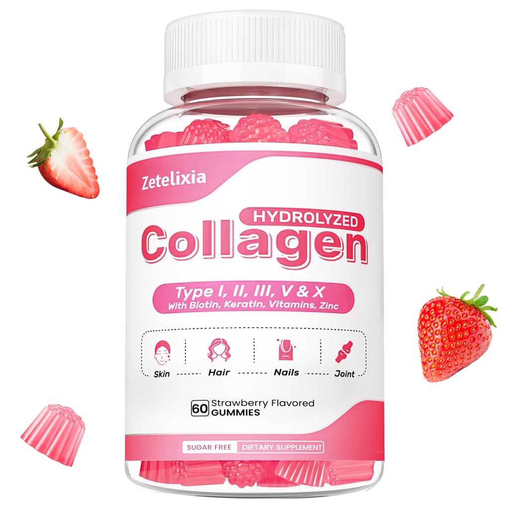 Gommies de collagène pour femmes hommes, hydrolysées Peptide de collagène de type I,II,III,V,X avec biotine, vitamine C A B D E pour les ongles de cheveux de peau J0ints, Immunity Energy Digestion, sans sucre, 60 Compte