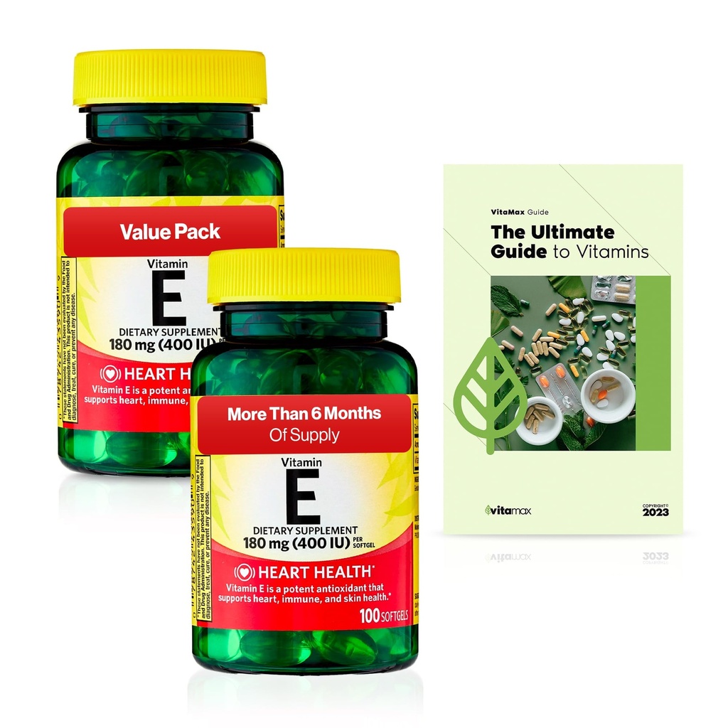 Frühlingstal Vitamin E Herzgesundheit Nahrungsergänzungsmittel Weichgel, 180 mg (400 IU), 200 Count, 2-Pack + Exklusive VitaMax Vitamin Guide (3 Artikel)