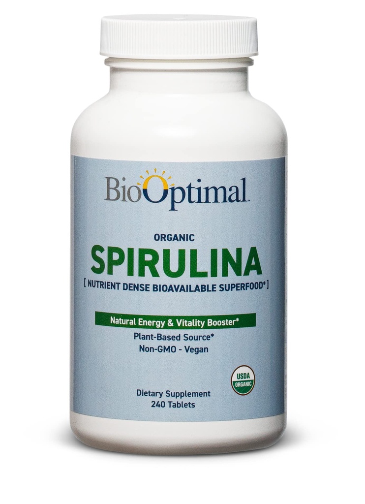 Comprimés BioOptimal Organic Spiruline - Organique, Non-OGM, Pas d'additifs ou de charges - Supplément alimentaire de qualité supérieure 500mg avec vitamines, minéraux et antioxydants (240 comprimés)