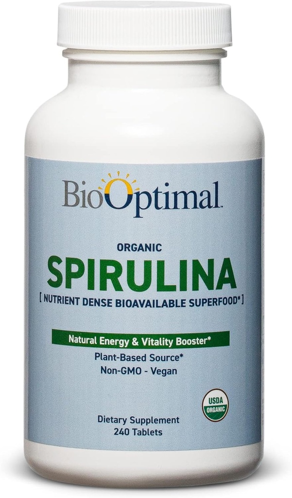 Comprimés BioOptimal Organic Spiruline - Organique, Non-OGM, Pas d'additifs ou de charges - Supplément alimentaire de qualité supérieure 500mg avec vitamines, minéraux et antioxydants (240 comprimés)