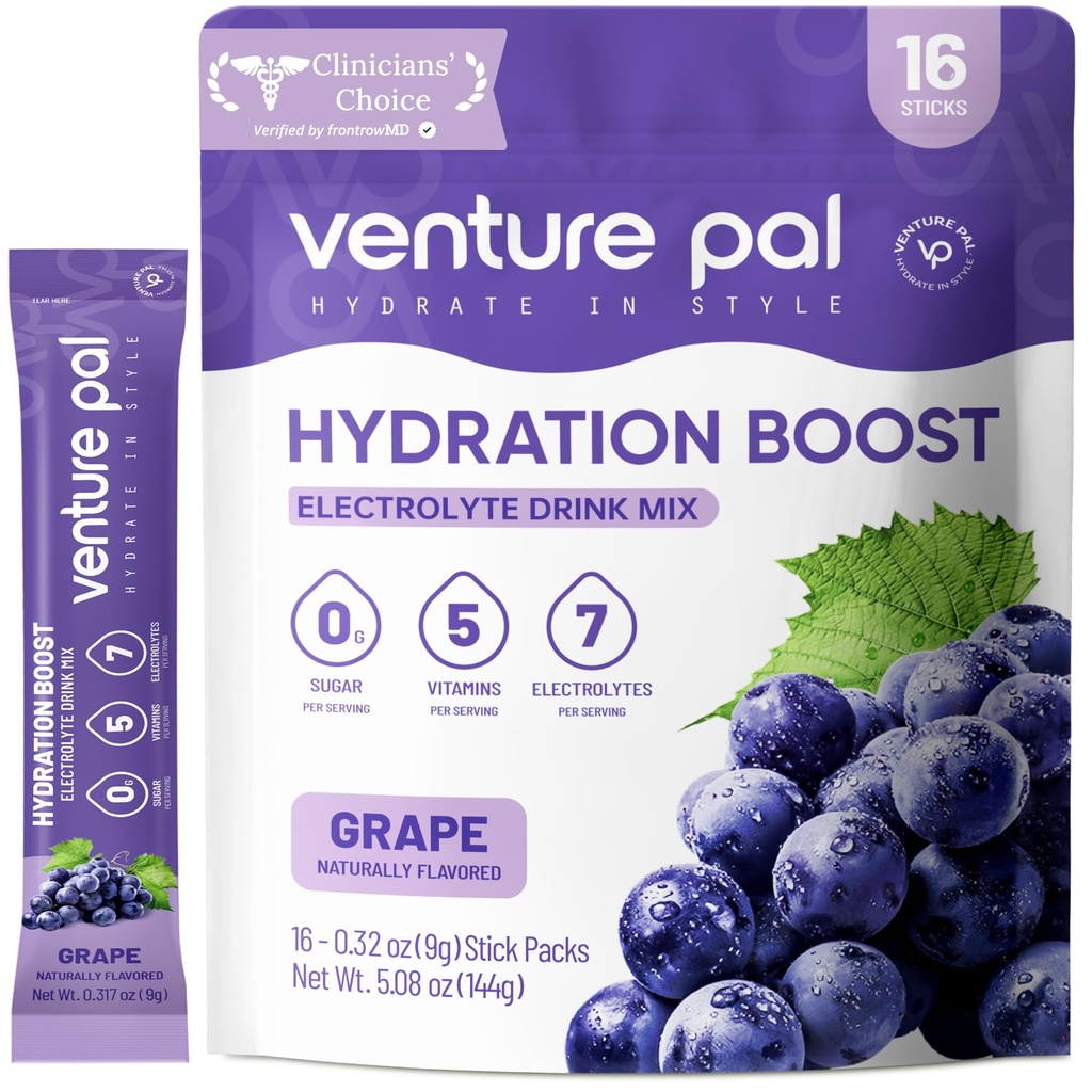 Venture Pal Sugar Free Electrolyte Powder Packets - Liquid Daily IV Drink Mix for Rapid Hydration & Party Recovery | 5 Vitamine & 7 Elektrolyte| Keto Friendly | Non-GMO | Certified Vegan | 16 Sticks
