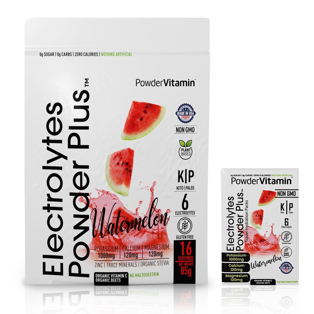 PowderVitamin Electrolytes Powder Plus, Keto, Watermelon, Sugar Free, Pink Himalayan Salt, 1000mg Potassium, 120mg Calcium, 120mg Magnesium, Non-GMO, Zero Calories, (16 Hydration Packets)
