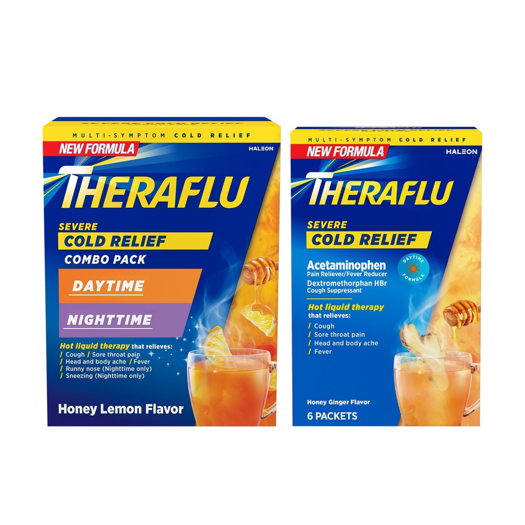 Theraflu Schwere kalte Relief heiße flüssige Pulver Combo: 12ct Daytime/Nighttime Honey Lemon Flavor + 6ct Daytime Honey Ginger Flavor