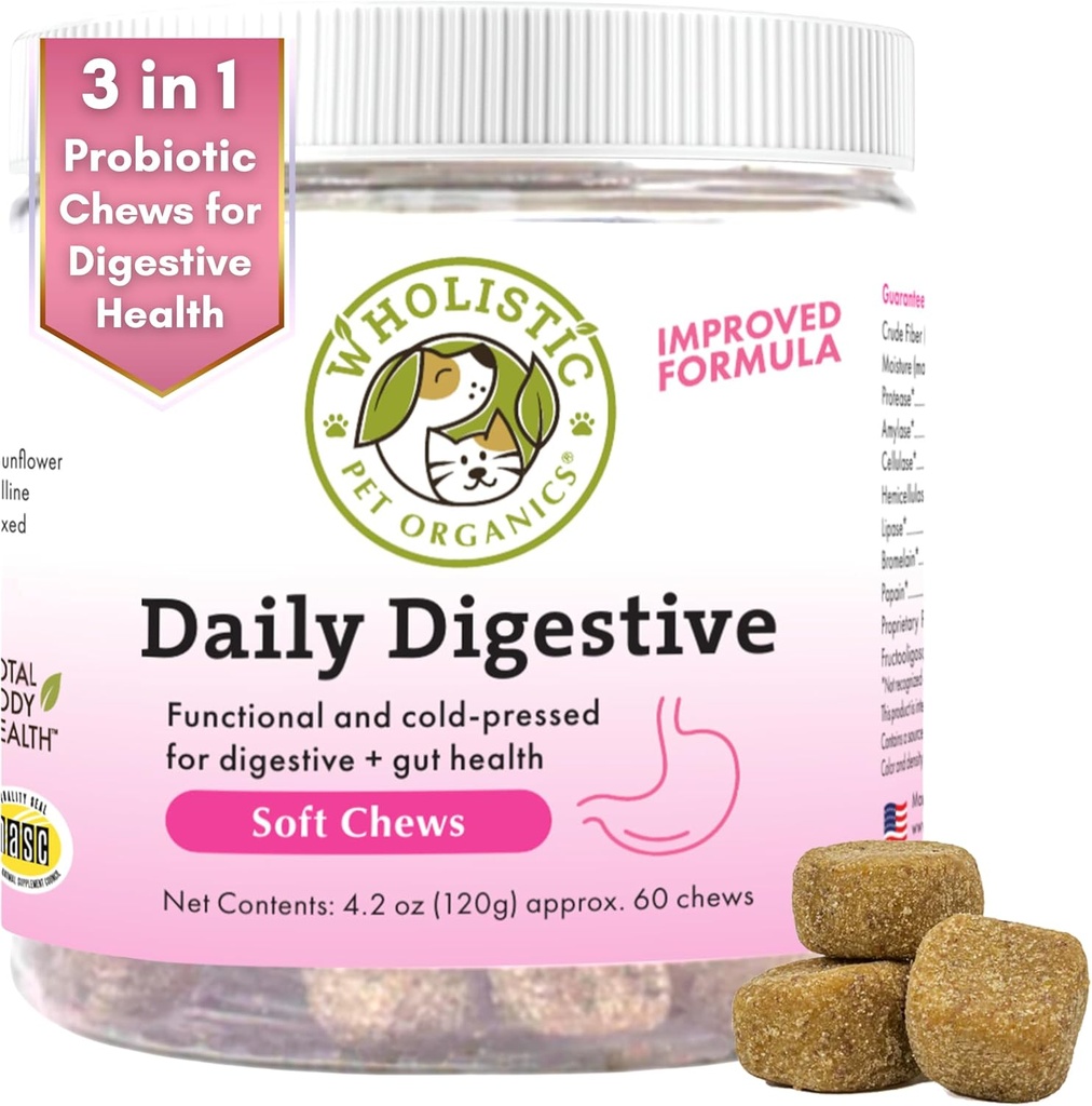 Wholistic Pet Organics: Probiotic Chews for Dogs Digestive Health - 60 Count - Dog Probiotics and Digestive Enzymes - unterstützen Gut Health Immune Supplement verhindert Hunde Verdauungsprobleme