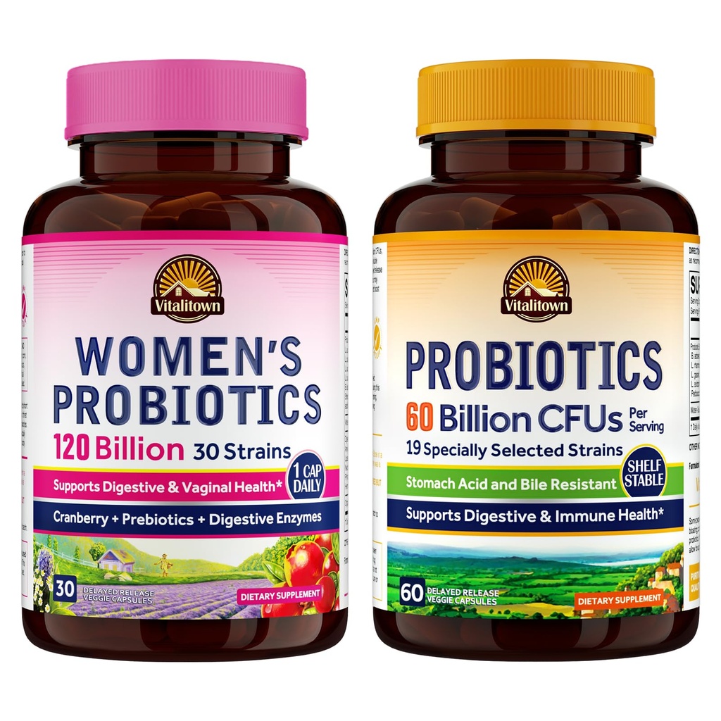 Vitalitown Probiotic Bundle (Pack of 2) | Women’s Probiotics 120 Billion (Item 1) & Probiotics 60 Billion (Item 2) | Regal stabil | Verdauungs- und Frauengesundheit | 30 Portionen