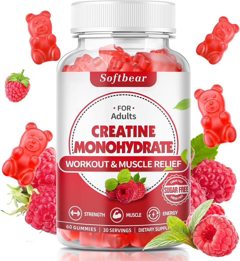softbear Creatine Monohydrate Gummi für Herren Frauen, Vegan Creatine Supplement 5000mg Creatine HCL Pre Workout Gummis für Muskelaufbau Stärke Raspberry Flavor 60 Count