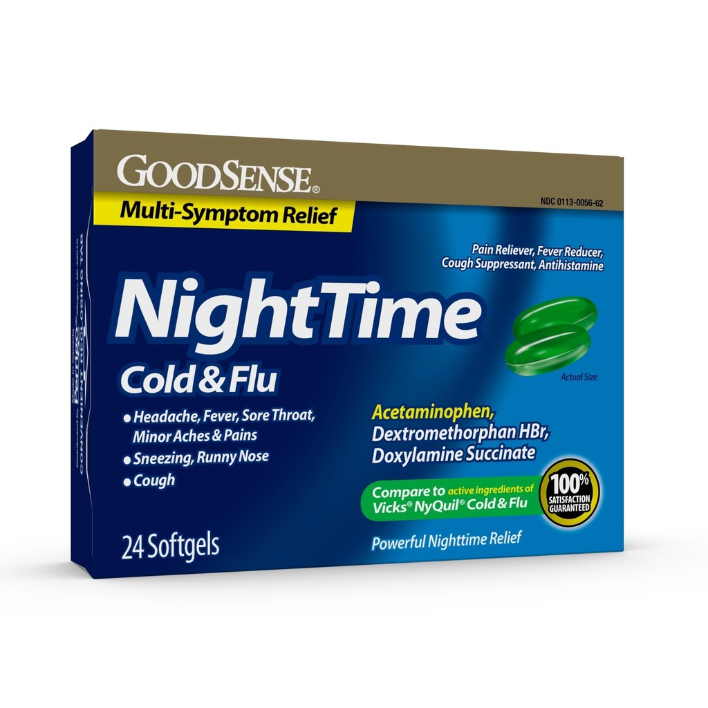 GoodSense Nighttime Cold & Flu Softgels, Relieves Aches and Pains Related to Cold & Flu, 24 Count (Pack of 1)