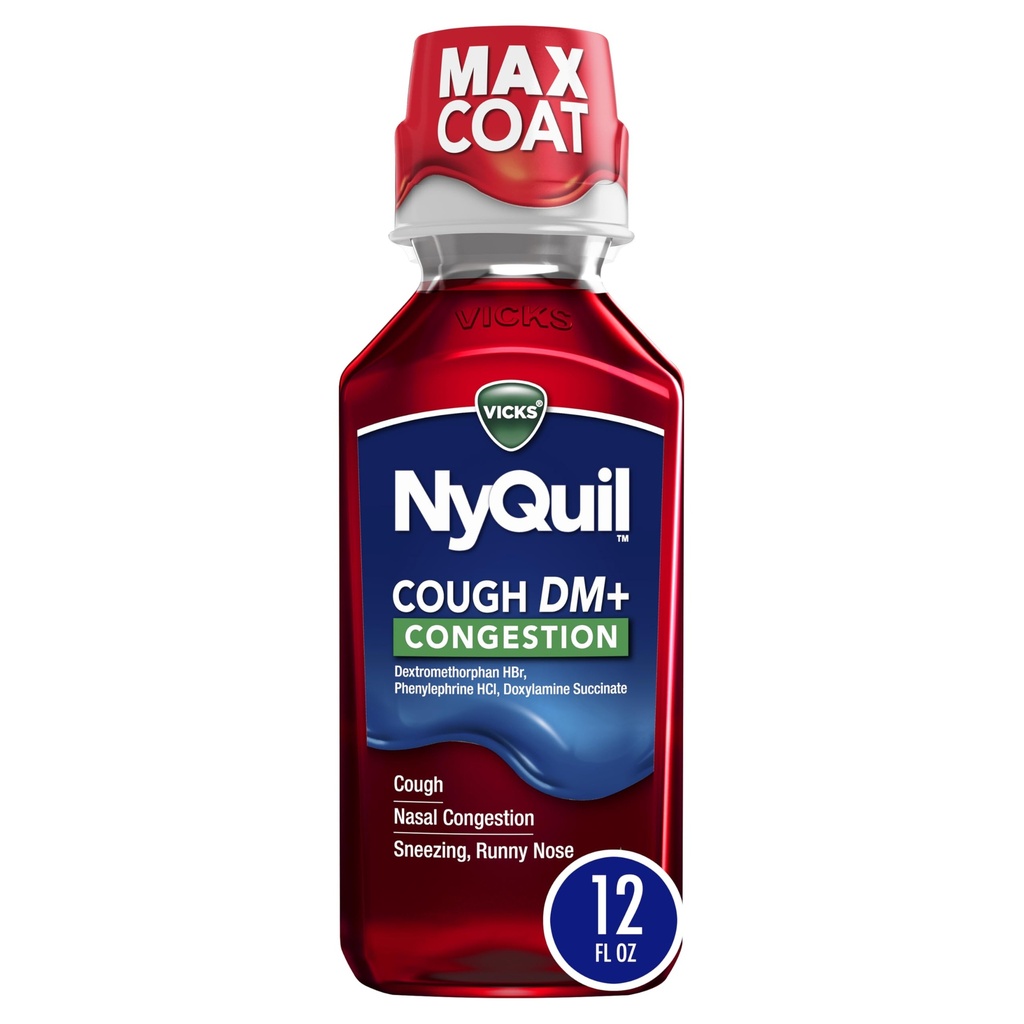 Vicks NyQuil Cough DM+ Congestion Relief Liquid Medicine, Maximum Strength Multi-Symptom Nighttime Relief for Cough, Nasal Congestion, Sneezing and Runny Nose, Cherry Flavor, 12 FL OZ