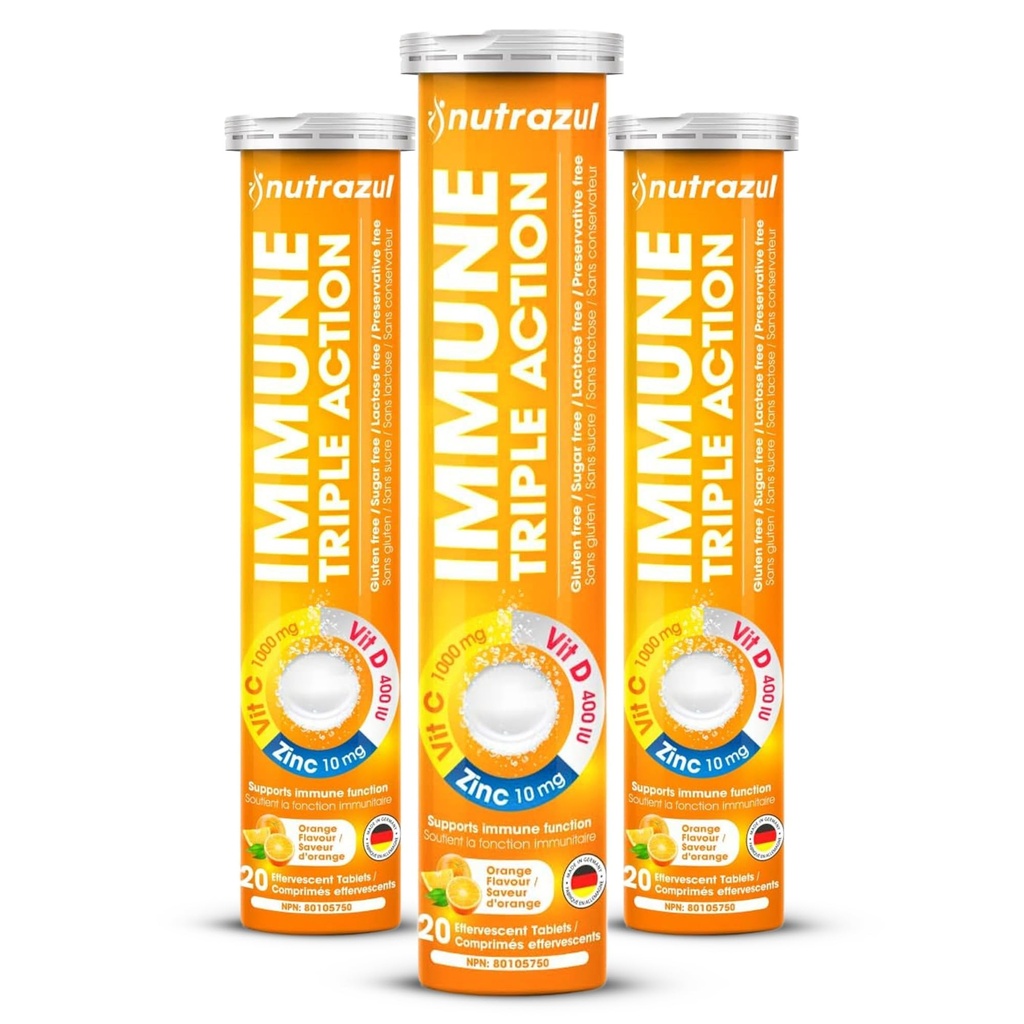 nutrazul Immun Triple Action Brausetabletten mit Vitamin C 1000mg, Vitamin D, Zink, Support Daily Routine, Glutenfrei, Zuckerfrei, Lactosefrei, Orange Flavor, 20 Tabletten, (Pack von 3)