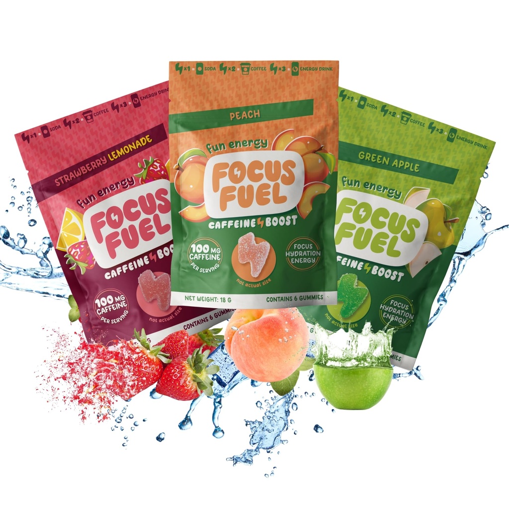 FocusFuel Energy Chews – Trial Size Variety Sample Pack (9 Servierungen) – 100mg Koffein + Alpha GPC + L-Theanin + B12, Magnesium – Pfirsich, Grüner Apfel, Erdbeer-Lemonade Flavors – Kein Crash oder Jitter