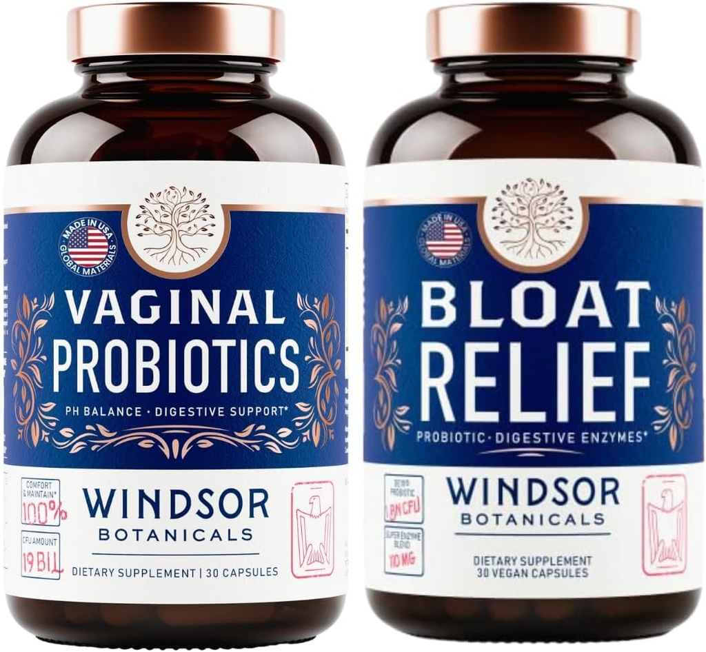 WINDSOR BOTANICALS Bloat Relief Probiotic mit Enzymen und Vaginal Probiotics - Verdauungs- und Vaginalgesundheit Bundle