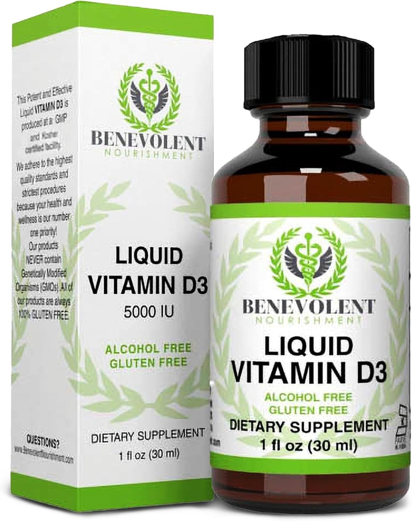 Benevolent Nourishment Vitamin D3 Tropfen 5000 IU - Potent & Effective 1000 IU pro Tropfen - Schnell absorbierende flüssige Nahrungsergänzung - 100% Alkohol & Glutenfrei