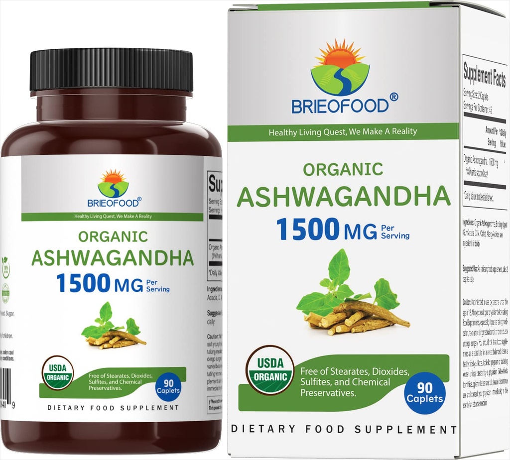 Brieofood bio Ashwagandha 1500mg, 45 portions, végétarien, sans gluten, 90 comprimés végétariens
