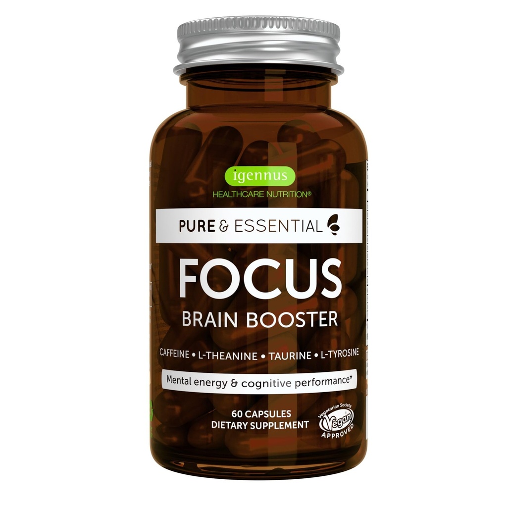 Igennus Focus - Nootropic mit 200mg Natürliche Koffein, Methylierte B Vitamine, L-Theanin, Taurine, L-Tyrosin, Saubere Energie, Brain Booster & Kognitive Leistung, Non Jittery, 60 Kapseln