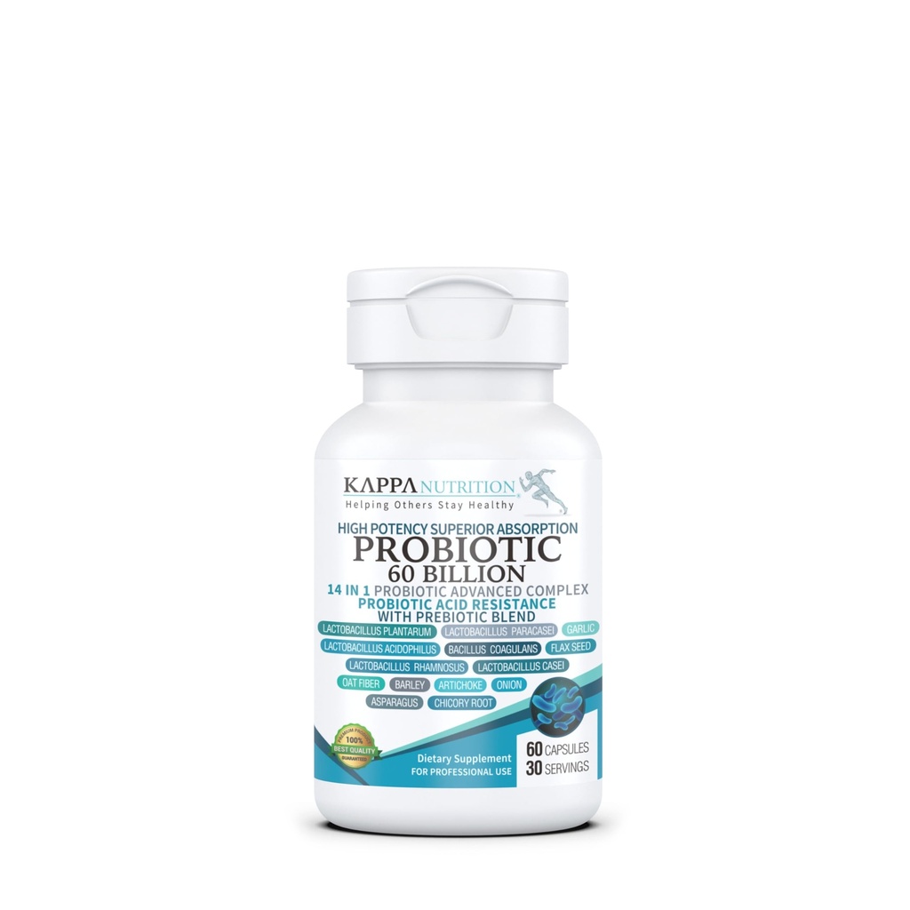 KAPPA NUTRITION Probiotic 60 Billion CFU 14 in 1 Formel mit Präbiotika & Acidophilus für Frauen, Männer & Erwachsene, Regalstabil, Säurebeständig, Natürliche Ergänzung 60 Kapseln.