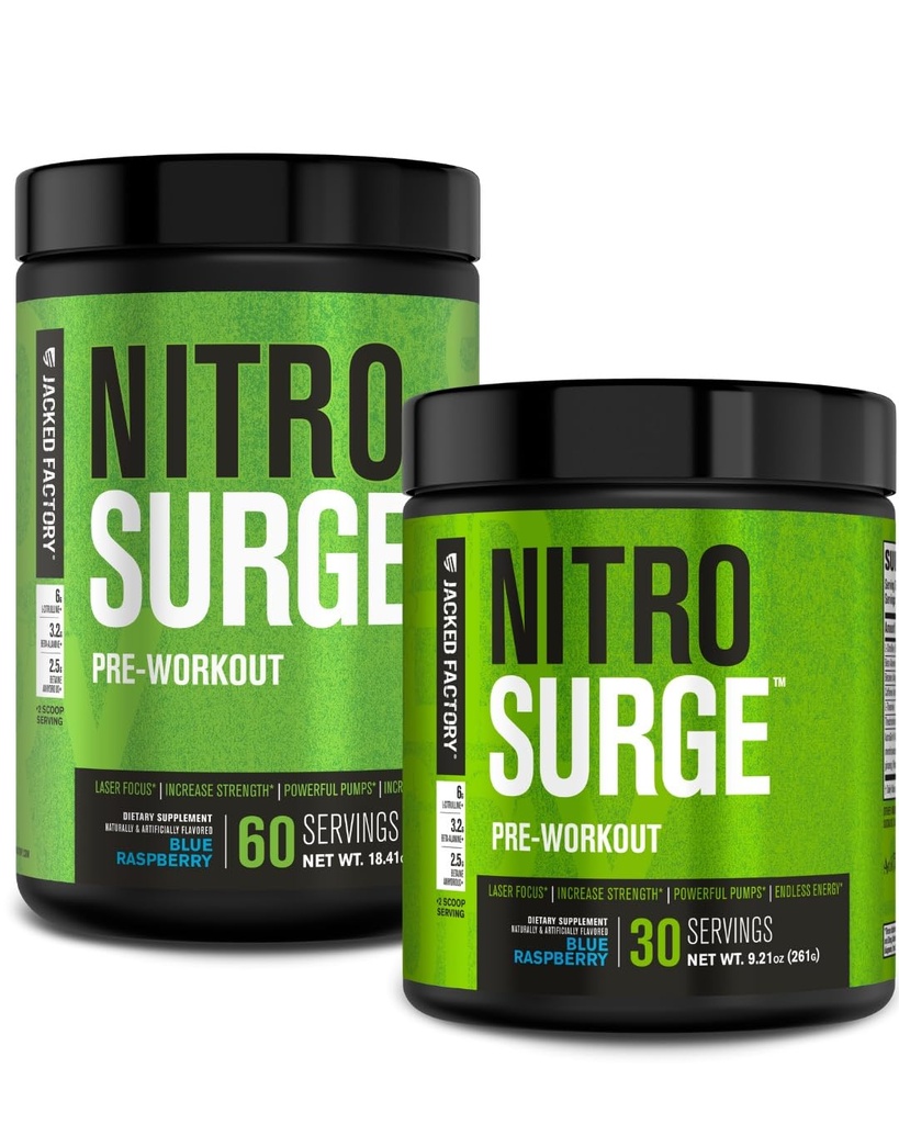 Jacked Factory NITROSURGE Pre Workout Supplement - Energy Booster, Instant Strength Gains, Clear Focus & Intense Pumps - NO Booster & Powerful Preworkout Energy Powder - 90 Portionen, Blue Raspberry