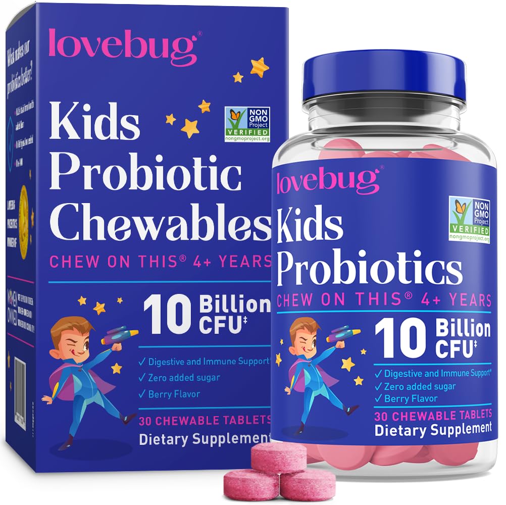 LOVEBUG Probiotics for Kids – Probiotische Chewables mit präbiotischer Faser für Alter 4+,Daily Kinder Gut Health & Digestive Support Supplement, Sugar-Free Berry Flavor, 30 Count