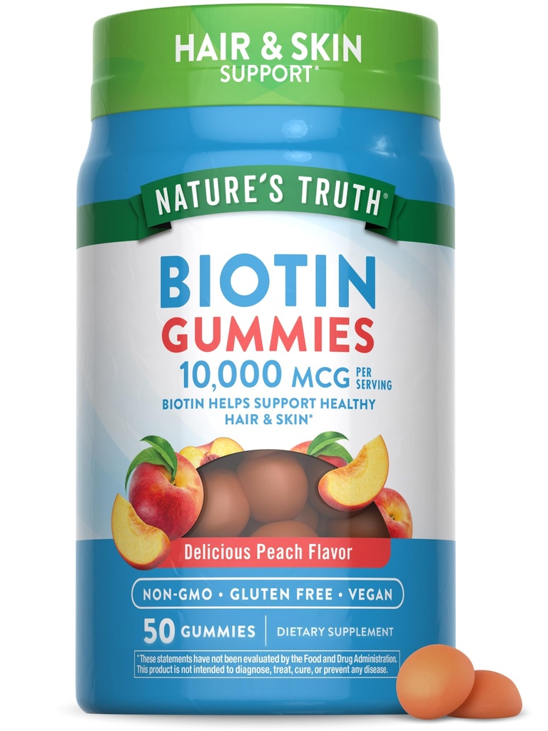 Nature's Truth Biotin Gummies | 10000mcg | 50 Count | Vegan, Non-GMO & Gluten Kostenlose Ergänzung | Peach Flavor