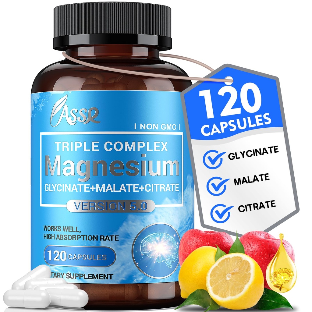 ASSR Triple Magnésium Complex – Supplément de magnésium de 300mg avec Glycinate, Malate et Citrate – Soutient la relaxation, la fonction musculaire et nerveuse – Haute absorption, végétalien, non-OGM, 120 capsules