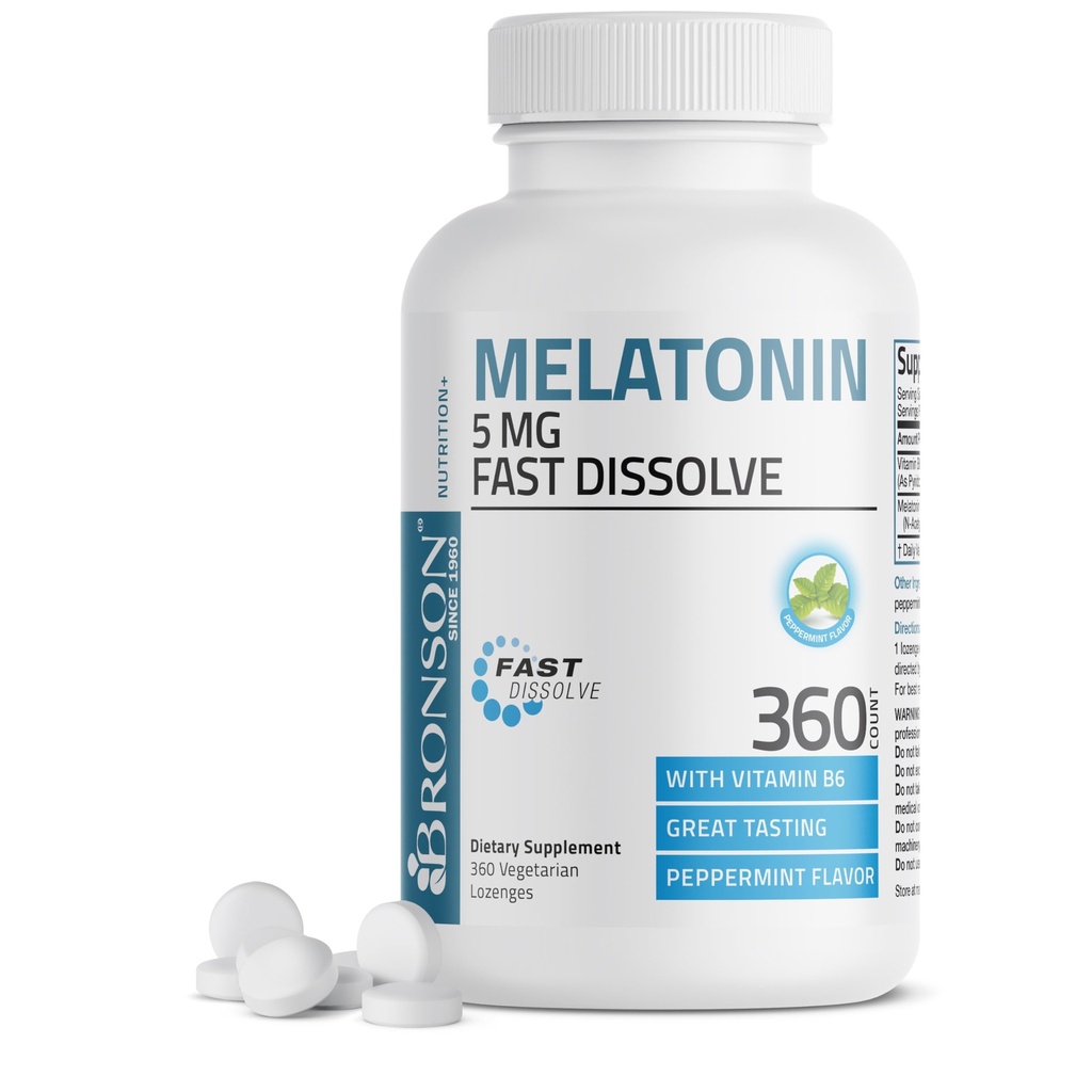 Bronson Melatonine 5mg Comprimés de menthe poivrée à dissolution rapide avec vitamine B6 - favorise la relaxation, 360 légumes à croquer