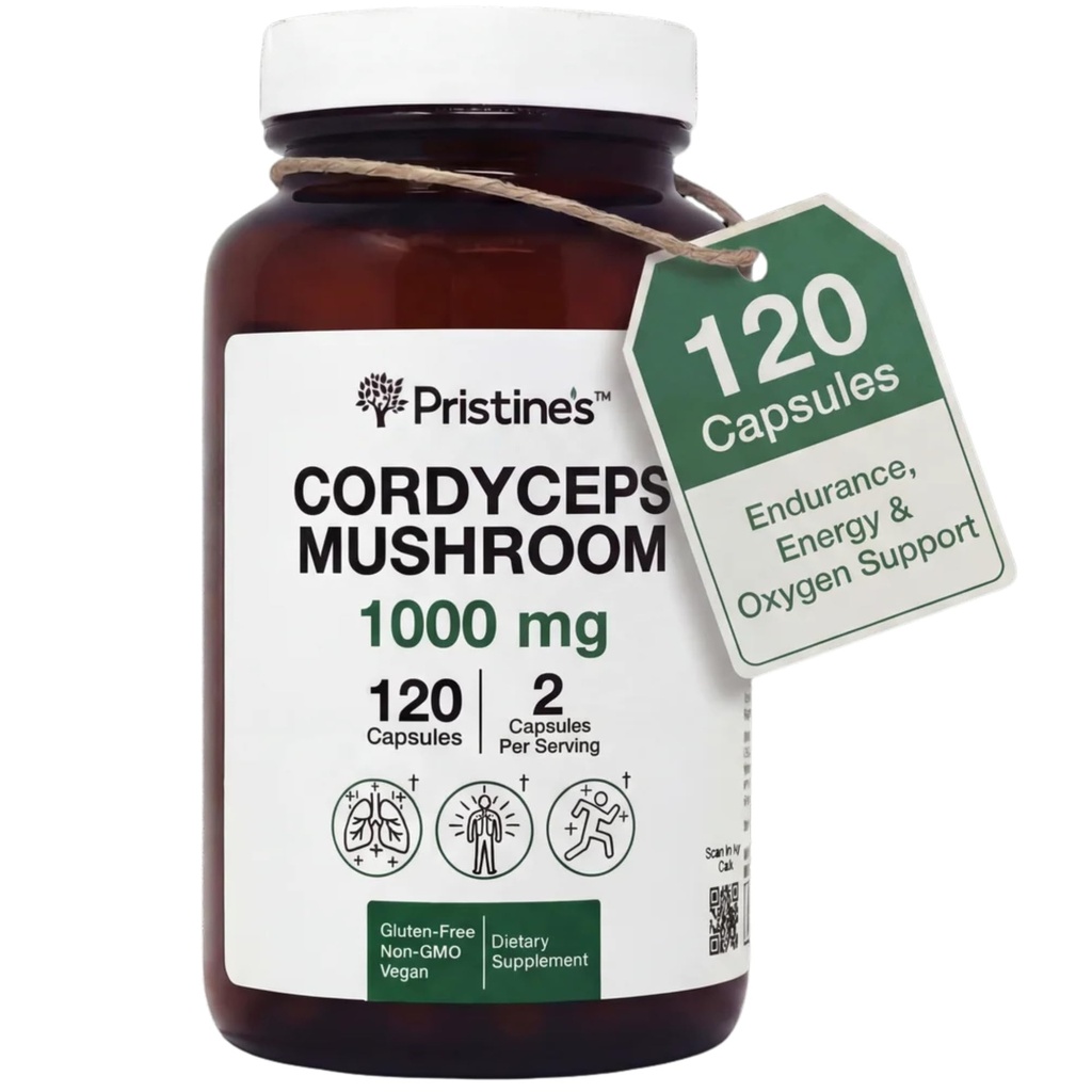 PRISTINE'S Cordyceps Mushroom Capsules - 60 Day Supply 1000 MG - Athletic Performance, Endurance & Immunity Adaptogen Supplement - Anti Aging Support Antioxidant Glass Bottle
