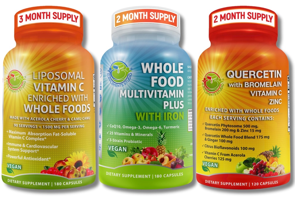 SUPPLEMENTS STUDIO Vegan Immune, Energie & Ganze Körper Unterstützung Bundle – Vegan Ganze Nahrung Multivitamin mit Eisen + Liposoma Vitamin C 1500mg + Quercetin mit Bromelain, Zink und Vitamin C – Non-GMO