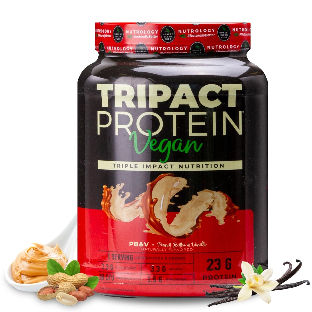 Nutrologie TRIPACT Poudre de protéines végétales - Protéines organiques de pois, de riz et de citrouille, BCAAs et de glutamine Remplacement à base de plantes Shakes for Muscle Recovery & Immunity, Peanut Butter & Vanilla, 20 portions