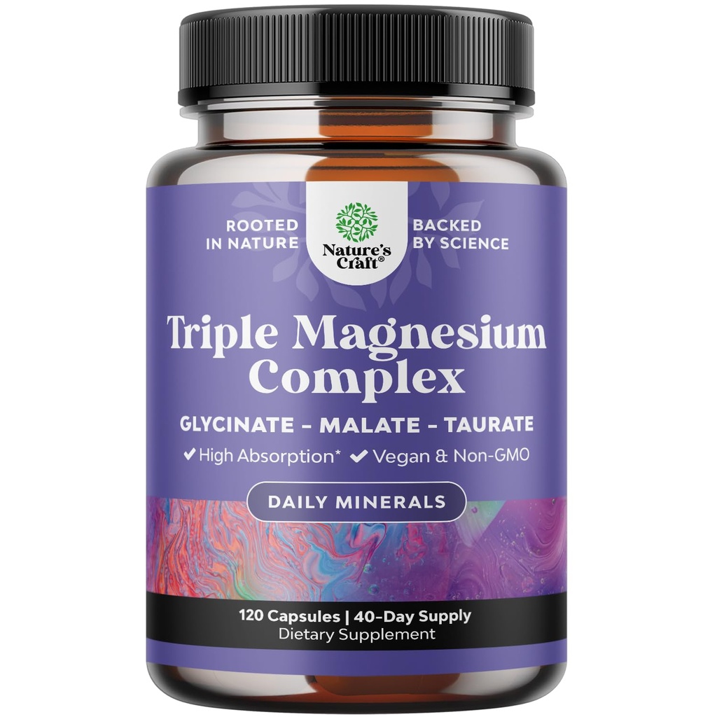 Supplément triple complexe de magnésium - Glycinate de magnésium à absorption élevée, mélange de malate et de taurate pour les muscles, le soutien énergétique et la santé cardiaque - Capsules Triple Mg Complex 400 mg - 120 Compte