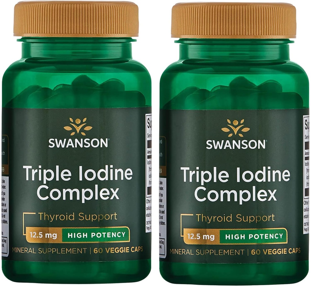 Swanson Triple Iodine Complex-Natural Supplement for Vital Thyroïde Support-Promotes Fonction métabolique, Augmentation de la production de globules rouges, et santé cardiaque-(60 Capsules de Veggie, 12,5mg chacune) 2 Pack