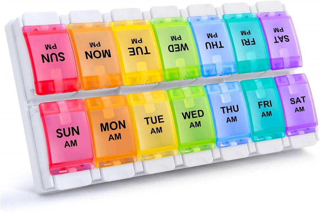 Sukuos AM PM Organisateur hebdomadaire de pilules 2 fois par jour, grand quotidien cas de pilules 7 jours avec conception de bouton poussoir facile, Détachable Porte-médicaments pour la vitamine / huile de poisson / suppléments (Rainbow)