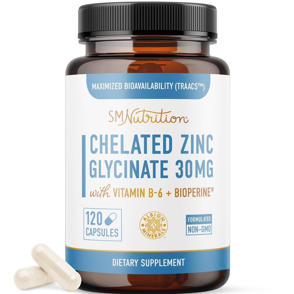 Chelated Zinc Supplements | Zinc Glycinate 30mg | Highly-Absorbable TRAACS Chelated Bisglycinate, Vitamin B6 and BioPerine | Immune Support, Acne & Energy | Non-GMO, Gluten-Free | 120 Capsules
